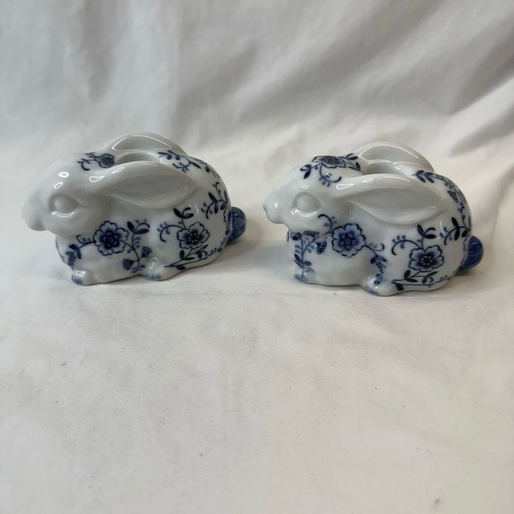 Vintage Andrea By Sadek Japan Blue Floral Bunny Rabbit Candle Holders Set (2)